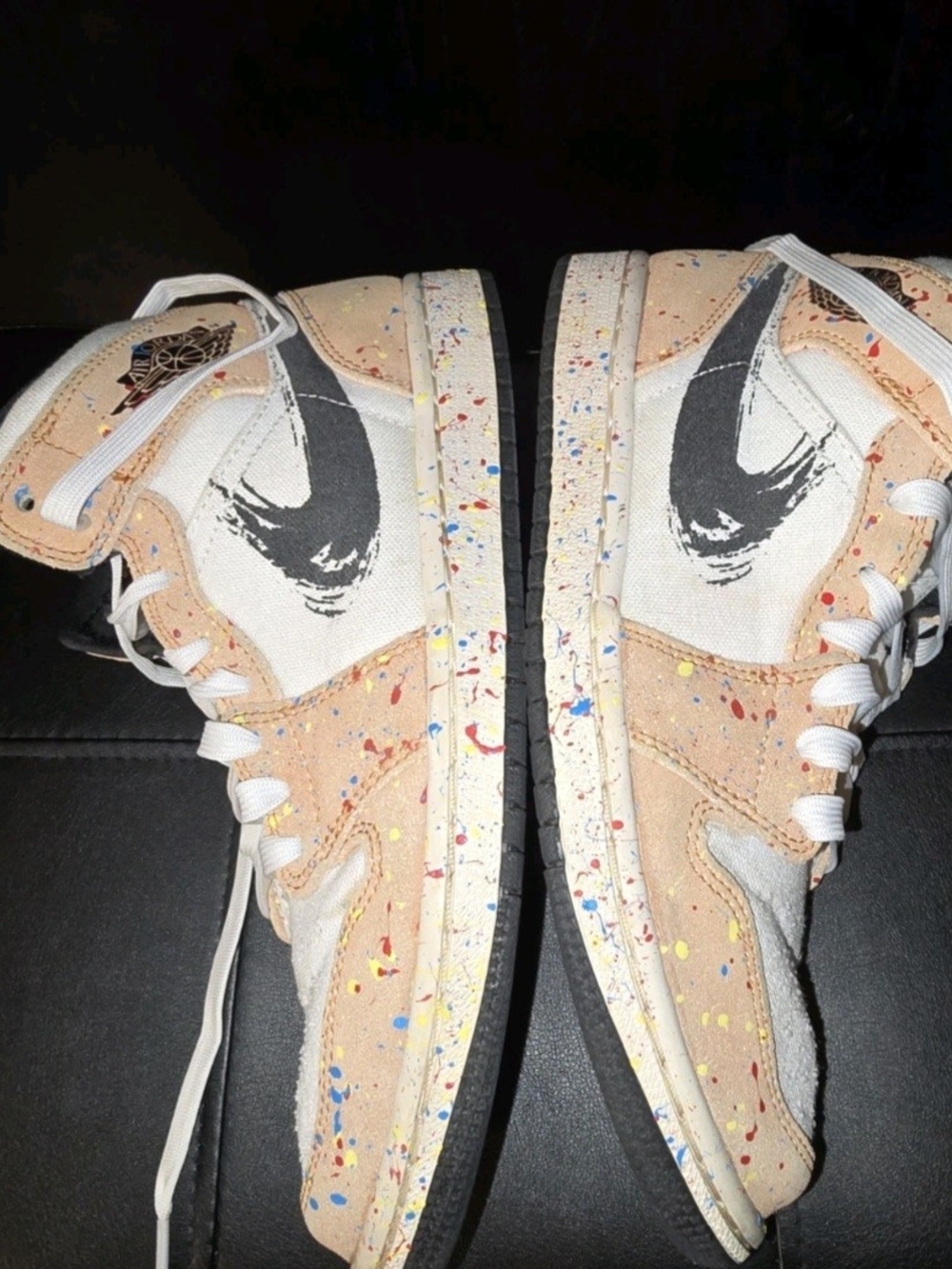 Jordan Kids Paint-Splatter High-Top Sneakers - Beige/White with Black Swoosh